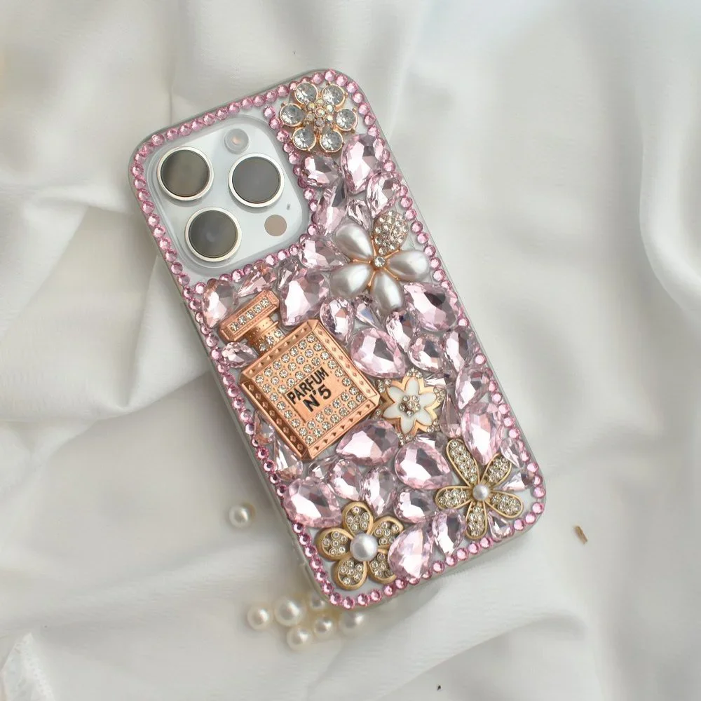 Pink Crystal Encrusted  Silicone iPhone case with Perfume bottle - iPhone 13/14